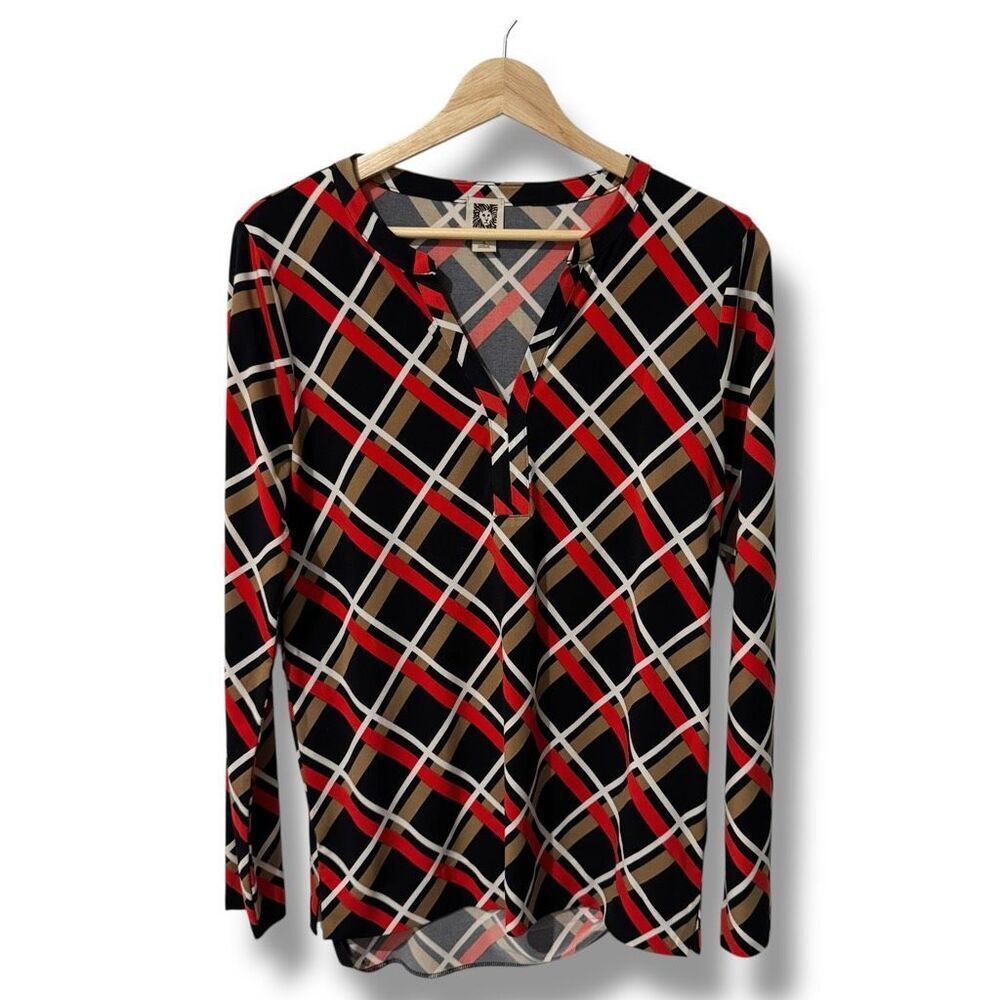Anne Klein Women's Plaid Long Sleeve Blouse Multicolor Size Small